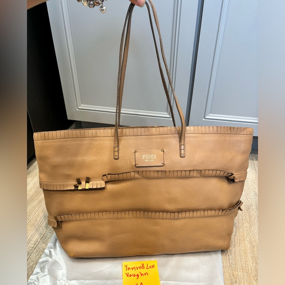 Authentic FENDI Tan Leather Ruffle Roll Tote